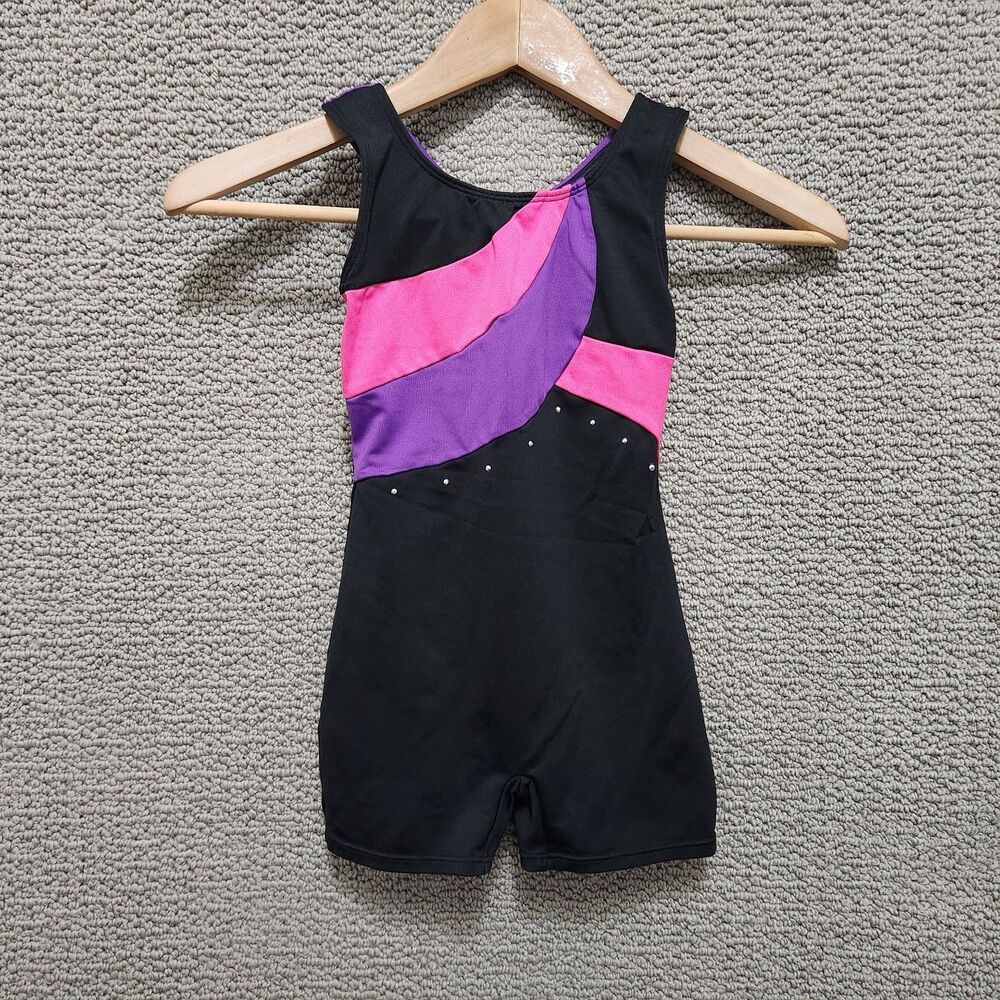DANSKIN Freestyle Girls Black Pink Purple Gymnastics Leotard Size 6/6X